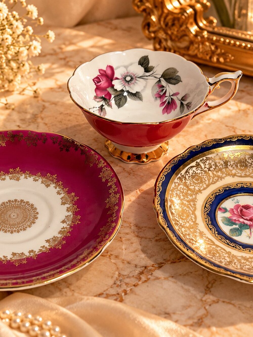 Vintage English Fine Bone China Trio Royal Stafford Paragon Stanley Floral Gold